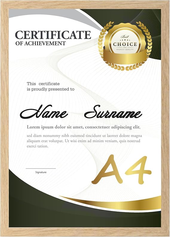 A4 Frame Wood Colour, Modern Picture Frame for Certificates, Documents, Artwork and Photos (21x29.7 cm), Wall or Desk Display