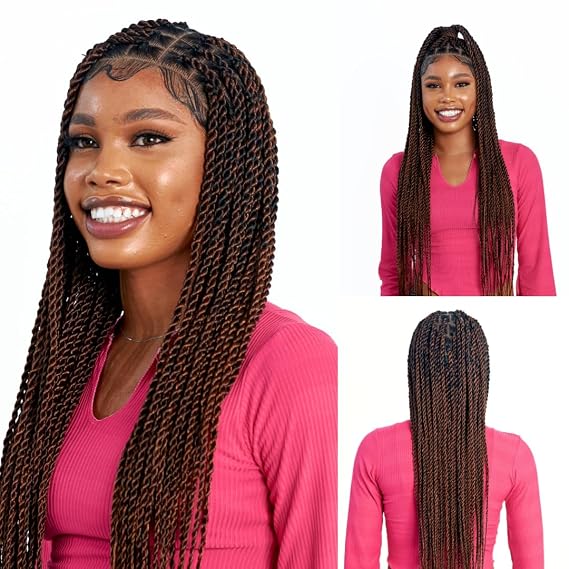 Wow Braids Box Braid Wig - Knotless Braided Wigs for Black women, with 360 glueless Full Swiss Lace Cap, Human Baby Hair Frontal, Synthetic Long Neat African Handmade Braiding - 36 inch/Brown