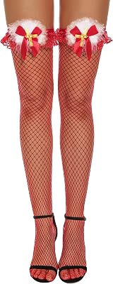 RSLOVE Women Christmas Thigh High Stockings Sexy Santa Fishnet Lingerie Red Hosiery Pantyhose