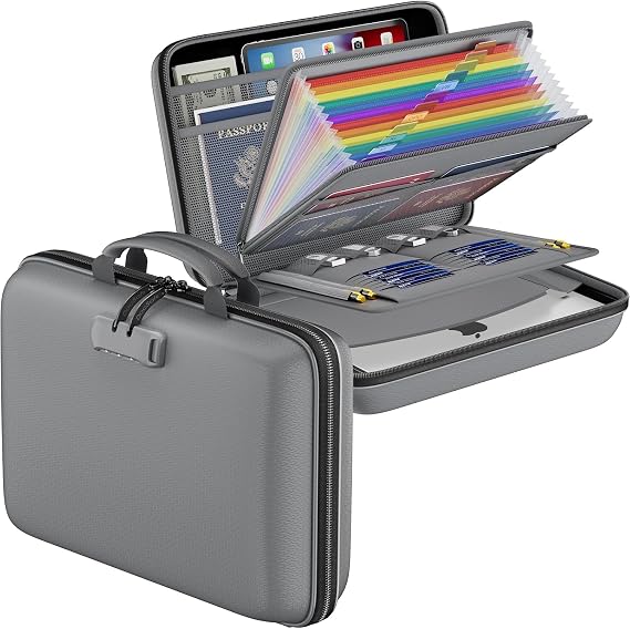 DocSafe Fireproof File Organiser with 13 Pocket File Folder Gray | Hard Case Document Box,Portable,Waterproof,Document Organiser with Lock,for Home,Office A4 Documents,Bill,Receipt