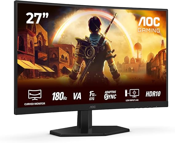 AOC C27G42E 27 inch FHD Gaming Monitor Curved, 180Hz, Fast VA Panel, 1ms GtG, HDR10, FreeSync Premium, Speakers, (1920x1080 HDMI 2x 2.0) Black