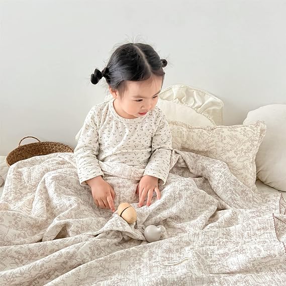 BuLuTu Muslin Cotton Baby Blanket (47"x 51") + 1 Toddler Pillowcase (14"x 20"), Forest Rabbit Print Toddler Bedding Set
