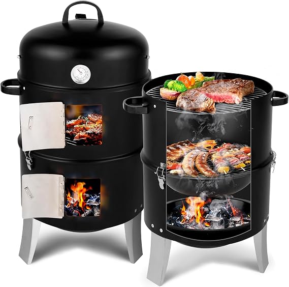 3-in-1 Vertical Barbecue Charcoal Smoker with Built-in Thermometer