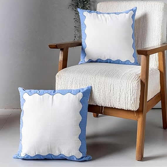 Folkulture Boho Throw Pillow Covers - Set of 2, 18x18, Scalloped, Blue Accent Pillows for Living Room