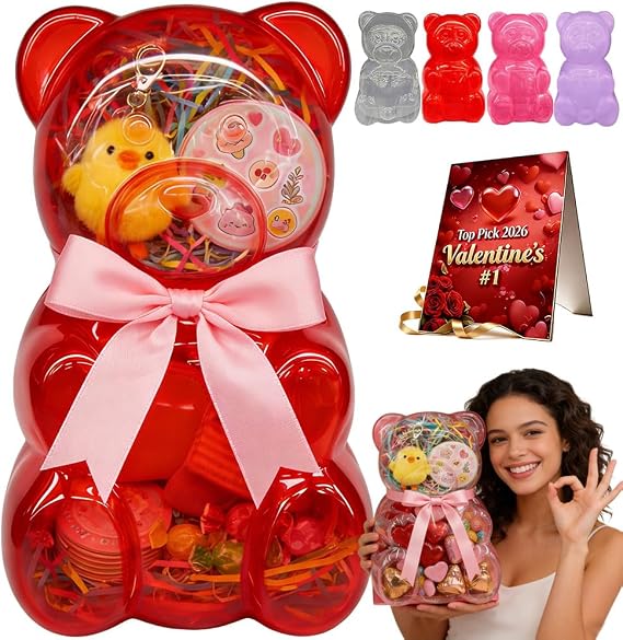 Large Gummy Bear Containers Plastic, Clear Gummy Bear Shaped Candy Holder for Valentines Day, Reusable Gift Box for Candy, Party Favors & Festive Storage, Big Plastic Bear Container with Lid (Red)