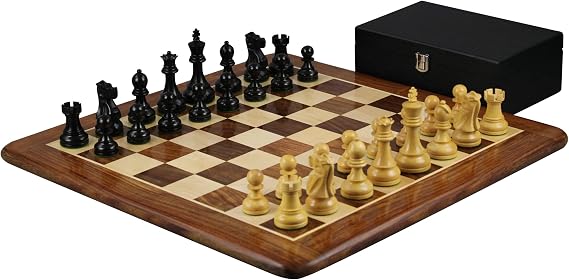 Sheesham Chess Set With Sheesham Flat Chess Board 20 Inch and Ebonised Reykjavik Chess Pieces 3.75 Inch