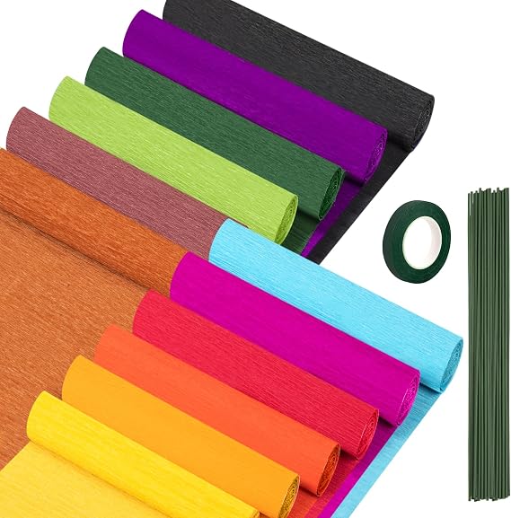 12 Colors Crepe Paper Rolls, 10 x 98Inch Wide Crepe Paper Sheets | Floral Stem Wire and Green Floral Tapes for DIY Gift Wrapping Paper Crafts Birthday Wedding Holiday Paper Flower(Deep Colors)