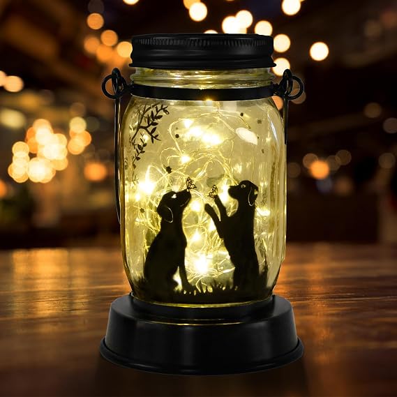 Dog Solar Lanterns Outdoor Garden Solar Dog Lights Dog Lover Gifts for Women, Dog Themed Birthday Gifts for Mom Grandma Aunt Sister, Butterfly & Dog Fairy Lights for Patio Yard Lawn Outside Decor