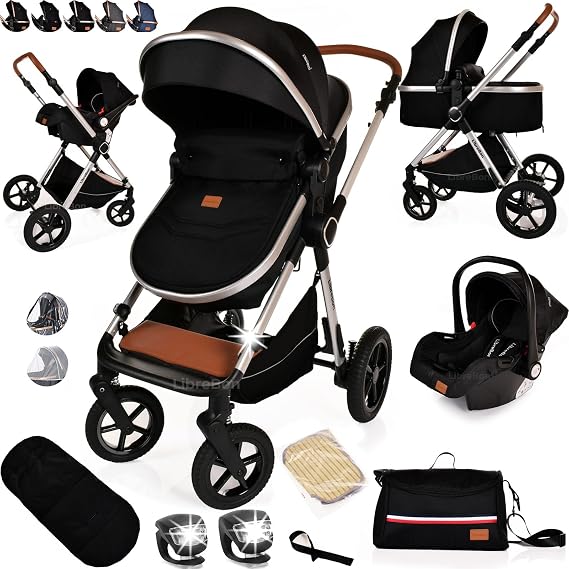 Baby Buggy Pram Pushchair Stroller 3 in 1 Child Lightweight Folding Stroller 3 in 1 Travel System Pram for Newborns & Toddlers from Birth (Black Silver)