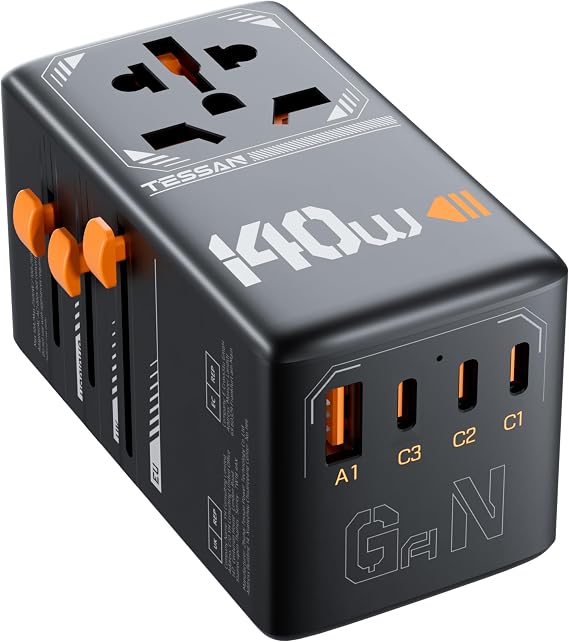 TESSAN Universal Travel Adapter, 140W GaN, Black