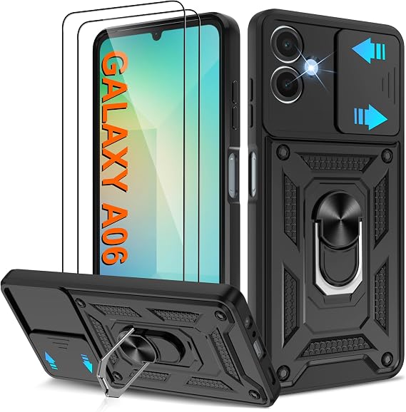 ATUMP for Samsung Galaxy A06 Case, Galaxy A06 Case with [2 Pcs] HD Screen Protector, Heavy Duty Shockproof with 360 Rotation Kickstand [Military Grade] Protective Case for A06, Black
