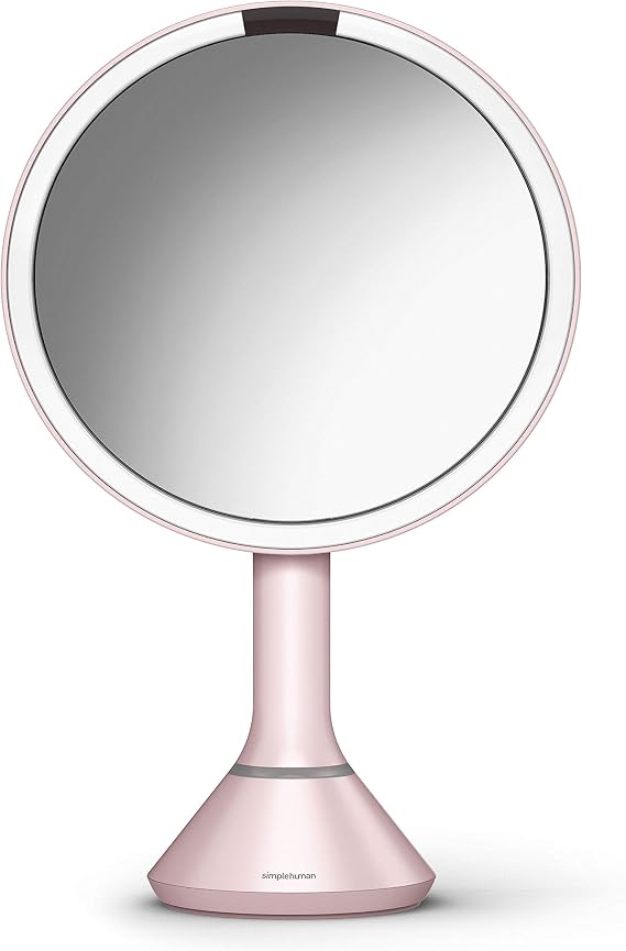 simplehuman 8" Round Sensor Makeup Mirror with Touch-Control Brightness, 5x Magnification, Rechargeable and Cordless, Pink Stainless Steel