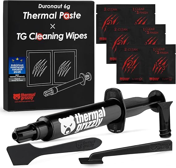 Thermal Grizzly - Duronaut - 6 Gram - Enhanced Durability & High Performance Thermal Paste - for Maximum Conductivity While Overclocking CPU/GPU/PS4/PS5/Xbox with 12 Cleaning Wipes 6 Wet & 6 Dry