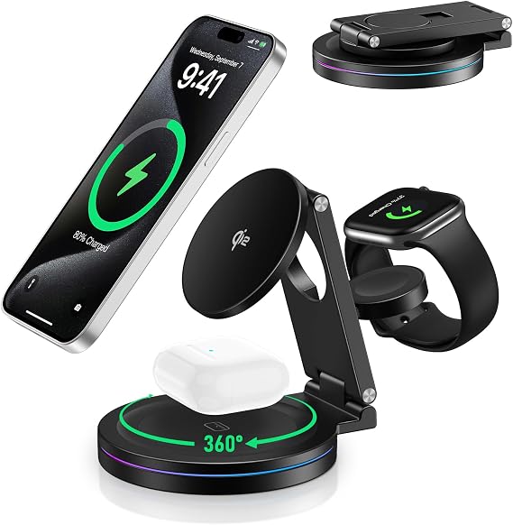 2026 Upgraded Qi2 Foldable 360o Rotatable Zinc Alloy 3 in 1 Magnetic Wireless Charging Station,3-in-1 Qi2 Charger for Apple iPhone 12~17,iWatch,AirPods(30W Adapter & Case Included)(Black)