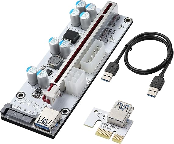 VER010-X PCIE Riser 1X to 16X Graphics Extension Card, with 0.6m USB 3.0 Cable + 6PIN SATA Interface + 8 Solid Capacitors, GPU Extender Riser Adapter Card for Bitcoin Litecoin ETH Coin Mining