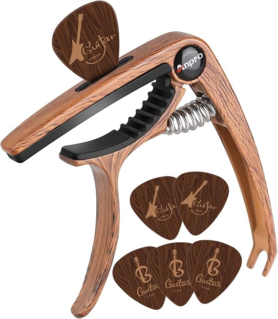 Anpro Guitar Capo with 6 Guitar Picks,Capo for Acoustic Guitar Wood | for Electric Guitar,Ukulele,Mandolin and Banjo Guitar Capo Acoustic,Guitar Accessories
