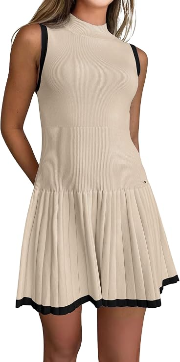 chouyatou Women's Pleated Hem Bodycon Sweater Tank Dress Contrast Striped Ribbed Knit Sweater Mini Dress