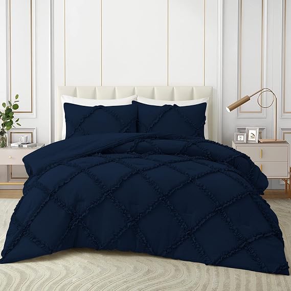 Silentnight 1 Piece Diamond Ruffle Comforter 100% Egyptian Cotton 800 Thread Count Premium Hotal Quality 400GSM, King/Cal- King (94" x 104") Inches - Navy Blue Solid