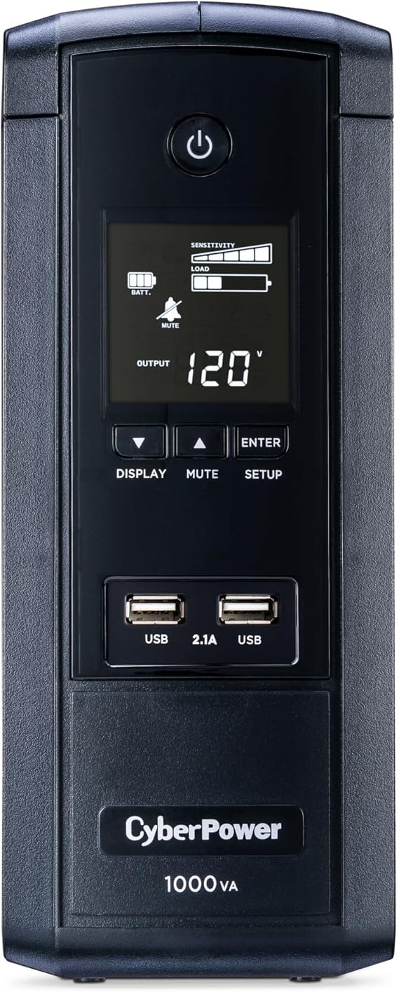 CyberPower BRG1000AVRLCD Intelligent LCD UPS System, 1000VA/600W, 10 Outlets, AVR, Mini-Tower,
