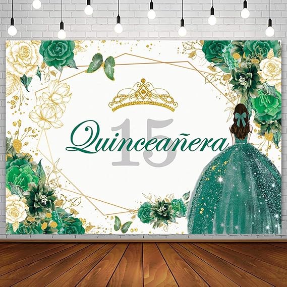 Sendy 8x6ft Quinceanera 15th Birthday Backdrop for Sweet Girl Mis Quince Anos 15th Birthday Party Decorations Green Gold Glitter Floral Crown Butterfly Banner Photography Background Cake Table Props