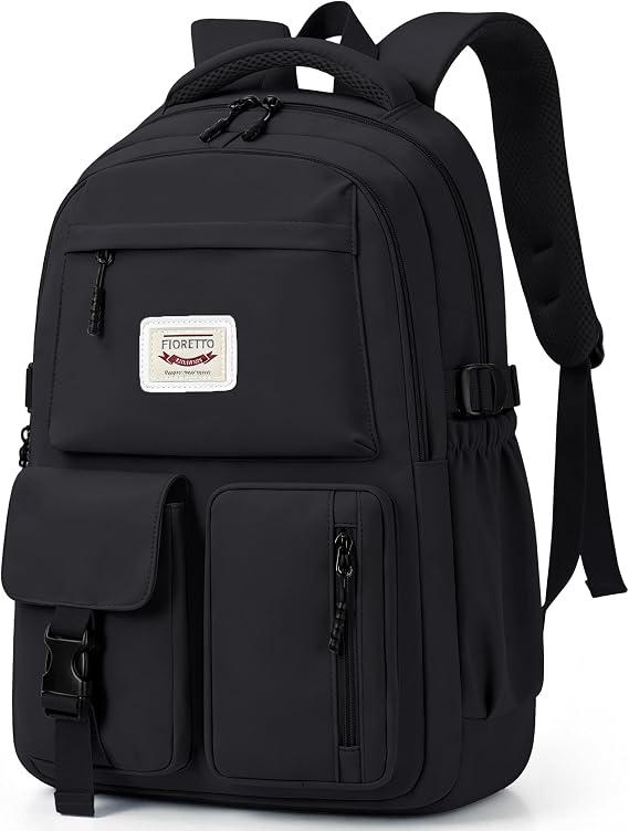 FIORETTO Lightweight School Backpack Womens, Cute School Bag for Teenager Girls, 15.6 Laptop Rucksack Backpack for School Casual Daypacks Travel Backpack for College Work Black 25L