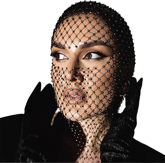 Rhinestone Mesh Mask Crystal Glitter Nightclub Headwear Women Halloween Accessories Rave Party Head Cover Body Jewelry