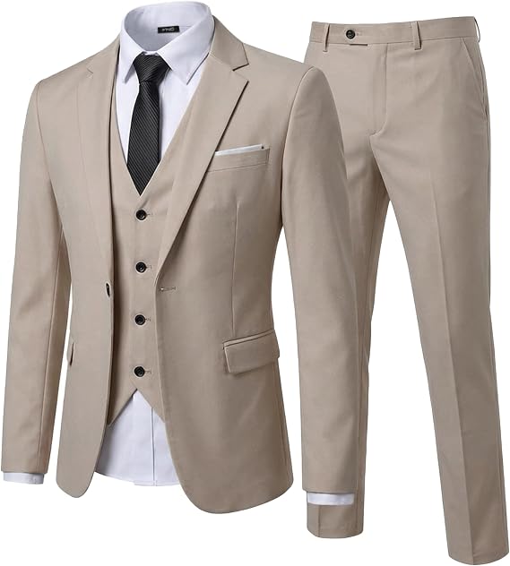 YND Men's Slim Fit 3 Piece Suit Set, One Button Solid Blazer Vest Pants with Tie