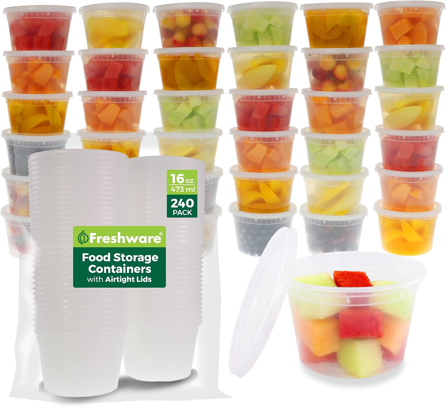 Freshware Food Storage Containers [240 Set] 16 oz Plastic Deli Containers with Lids, Slime, Soup, Meal Prep Containers | BPA Free | Stackable | Leakproof | MicrowaveDishwasherFreezer Safe