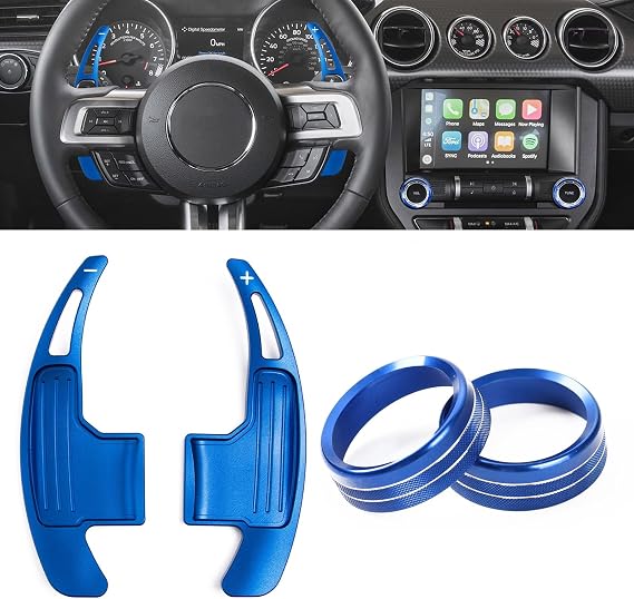 x xotic tech Center Console Volume Tune Switch Control Knob Ring + Paddle Shifter Extensions Decoration Cover, Blue Aluminum, Compatible with Ford Mustang 2015-2023