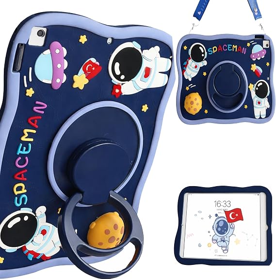 Coverzone Lenovo Tab TB311FU ile Uyumlu Kılıf 360 Derece Döner Stand Yatay Dikey Kullanılabilir, Kawaii Askılı Tasarım Kalem Yuvası Özellikli Sevimli Space-Man Tasarımı