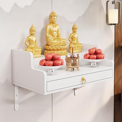 HARELA Solid Wood Altar Table Shelf, Wall-Mounted Personal Shrine Stand Prayer Meditation Table, Buddhist Altar for Living RoomWhite,30cm11.8in