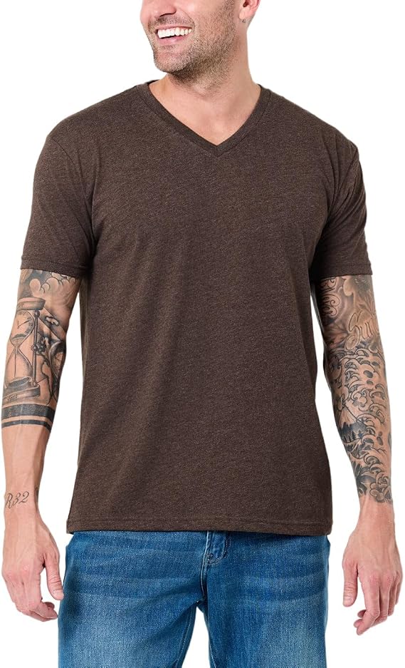 INTO THE AM V Neck T Shirts Men Fitted Casual Soft Plain Sleep Vneck Tshirt Shirts for Men (Brown, Medium)