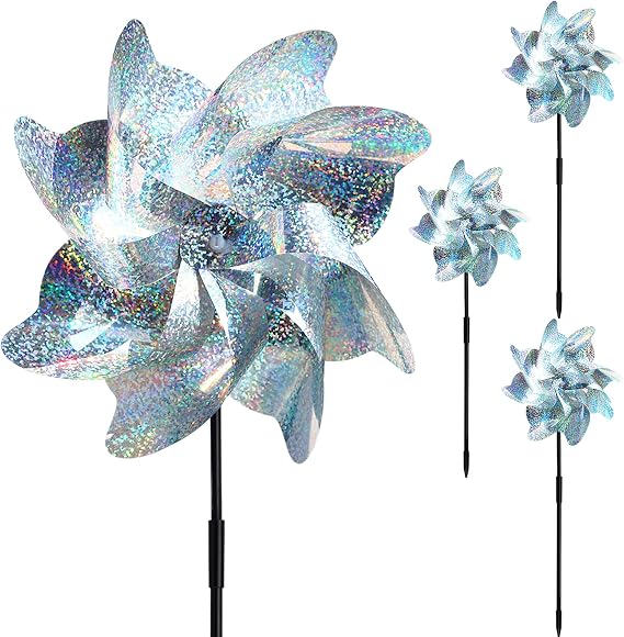 4Pcs Reflective Bird Scarer Windmill | Double Sided Holographic Reflective Pigeon Deterrent Bird Repellent Windmill | Wind Spinners for Garden Home (Height 52cm)
