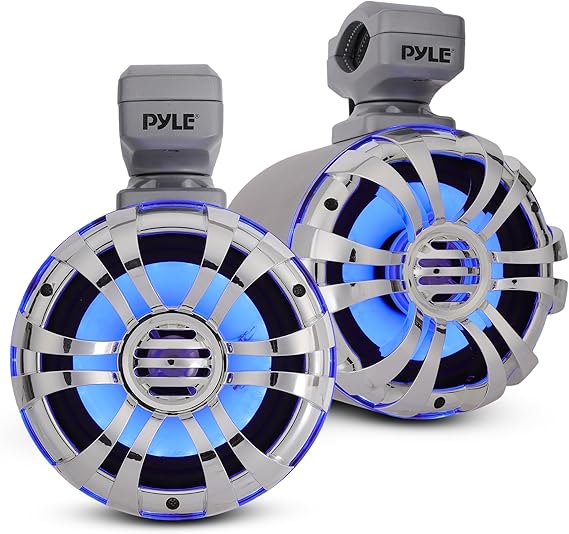 Pyle Marine Speakers - 5.25 Inch Waterproof IP44 Rated Wakeboard Tower and Weather Resistant Outdoor Audio Stereo Sound System with Built-in LED Lights - 1 Pair in Silver (PLMRWB50L)