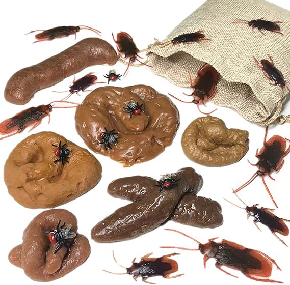 Cooplay 24pcs Fake Dog Poop Realistic Turd Cockroach Fly Flies Maggot Halloween Novelty Floating Poo for April Fools' Day Christmas Prank Tricky Toys Props with Drawstring Bags