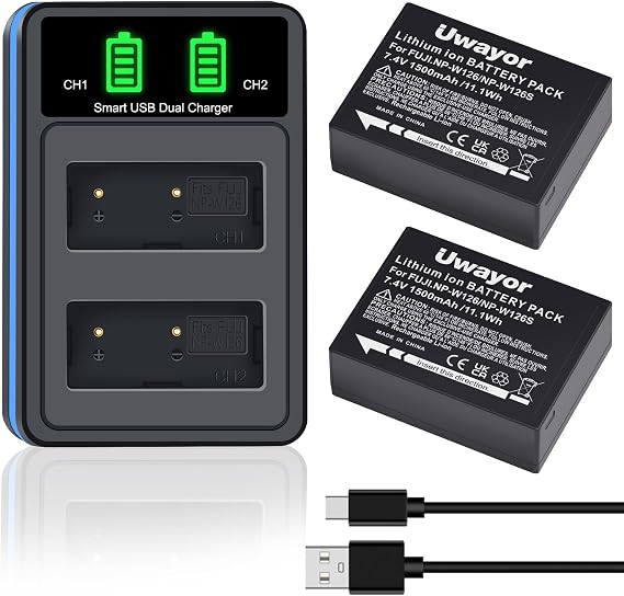 NP-W126 NP-W126S Battery and USB Dual Charger for Fujifilm X100V, X100VI, X100F, XM5,XE5, XE4, XS10, XT30, XT30 II, XT20, XT10, A5, A7,A10, A20, X-Pro1, X-Pro2, X-Pro3, X-T100, X-T200, X-T1, X-T2