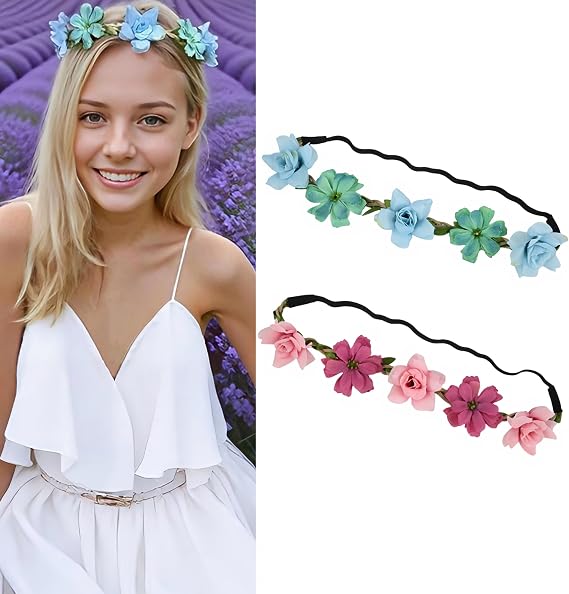 Hawaiian Flower Headbands Girls Women Boho Hair Wreaths Floral Hairband Luau Accessories Bridal Wedding Crown Tiaras - 2 Pack, Pink & Blue