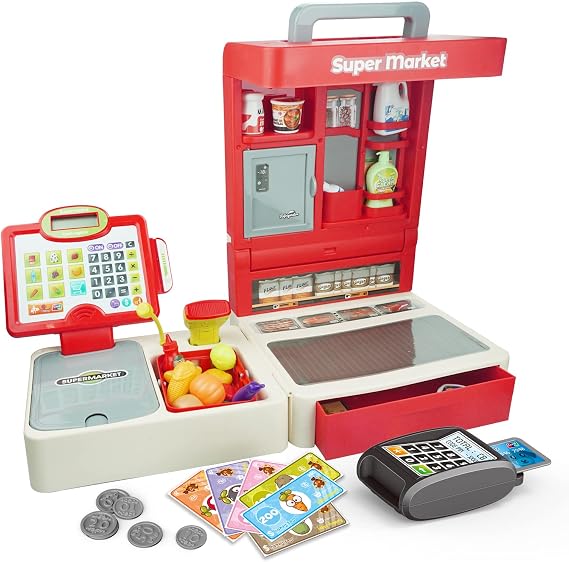 RedCrab Foldable Cash Register Toy for Kids,Toddler Grocery Store Toy with Scanner, Play Money & Food,Portable Supermarket Pretend Playset with Carry Handle,Gift for Boys & Girls Ages 3+