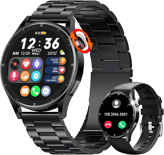 JELLOO Erkekler için akıllı saat, çağrı, Bluetooth, 4,7 cm (1,85 inç), dokunmatik ekran, nabız ölçerli akıllı saat, adım sayacı, aktivite izleyici, 24 spor modu, erkekler için spor saati, Siyah +