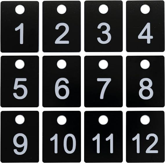 ABS Plastic Numbered Key Tags Rectangle ID Tag Number Disc with Hole (1-50, Black)