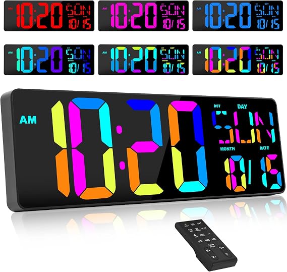 XREXS 17.2" Large Digital Wall Clock RGB Color Changing with Remote Control