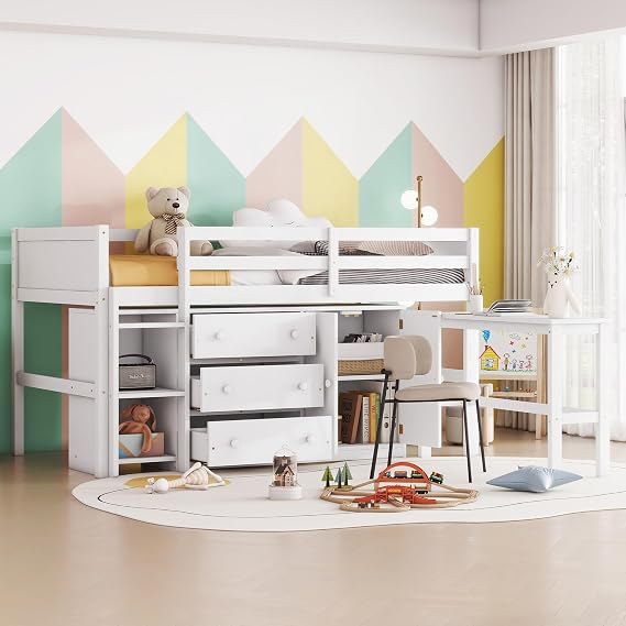 Space-Saving White Low Loft Bed for Kids | with Built-in Desk, Storage Drawers and Shelves to Organize and Inspire Creativity