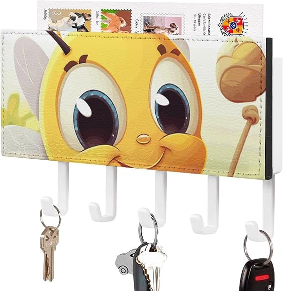 YHNNH Honey Beem Key Hook,Key Holder for Wall,Mail Organizer with Hooks for Entryway,Adhesive Keys Rack with Tray for Front Door Kitchen Garage
