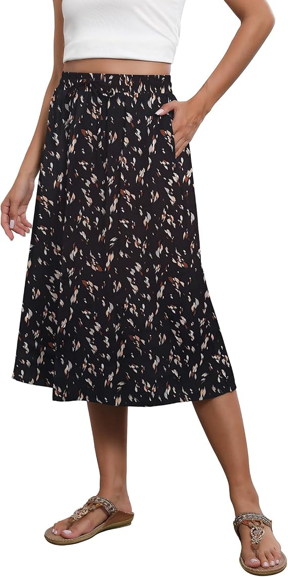 Witsmile Women Summer Pleated High Waist Casual Below Knee Midi Skirt with Pockets (S-XL)