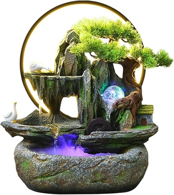 Rockery Circulating Indoor Tabletop Rock Water Fountain with LED, Bonsai Cascading Waterfall for Home, Office, Meditation Room, Feng Shui Decor(Without Mist Maker)