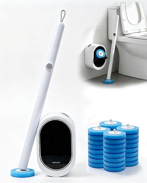 SOPAMI Disposable Toilet Brush with 32 Refills Deep Cleaning Touch Free | Auto Lid Opener Wall-Mounted Toilet Wand Kit for Deep Cleaning Bathroom Touch Free Access Toilet Bowl Cleaner