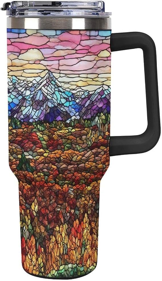 40 Oz Tumblers with Handle And Straw Lid Christmas Stained Glass Dallas Tumbler With Handle And Lid Made of Stainless Steel City Travel Collection Gifts for Men Coworkers for Hot And Cold Drinks