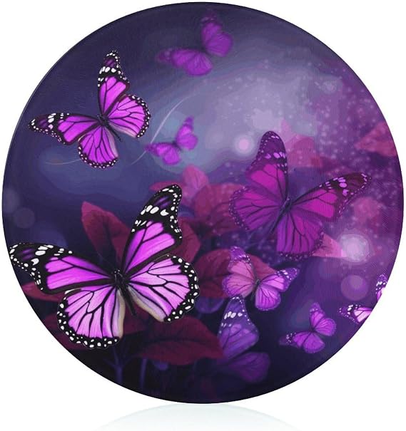 Tempered Glass Purple Butterflies Cutting Board Heat Resistant, Round Chopping Board with Non-slip Feet, Fruit Glass Cutting Boards for Kitchen Counter, Small Chopping Boards 8x8 Inch