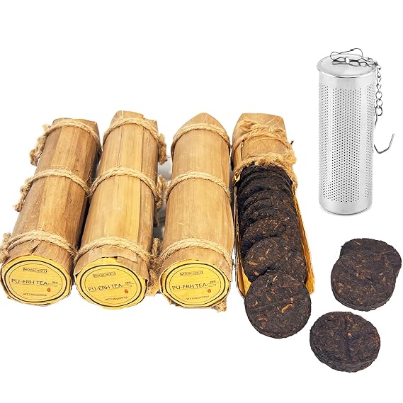 (60Cakes-240Cups) Pu-erh Tea in Bamboo Leaf Tube - Ripe Puerh Tea Cake 21.16 oz/600g And a tea filter,Aged Shou Black Tea