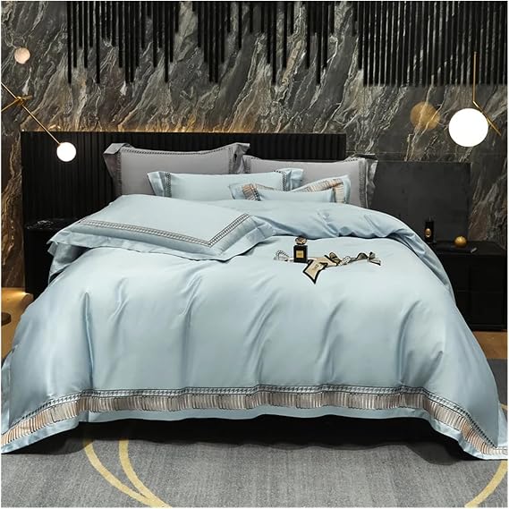 Embroidery Bedding Set Luxury Soft Bed Sheet and Pillowcases Quality Quilt Cover Summer for Home, Sheets(Blue,Queen)